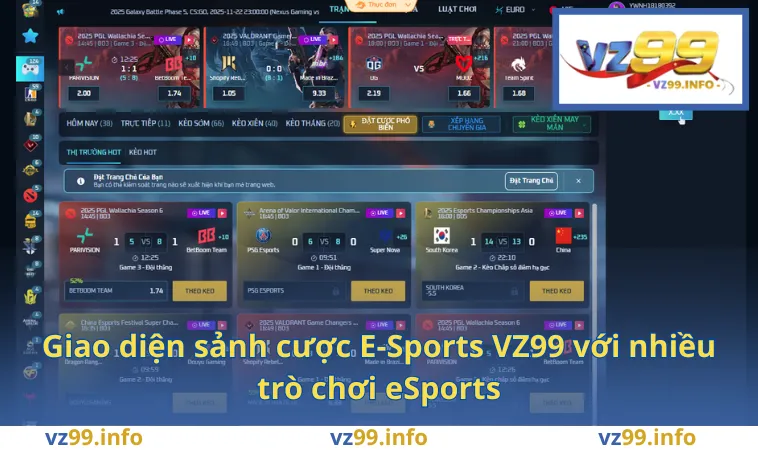Giao diện sảnh cược E-Sports VZ99 với nhiều trò chơi eSports